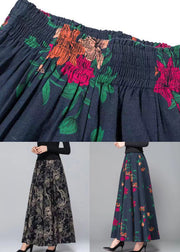 Black Pockets Patchwork Cotton Skirt Elastic Waist Fall