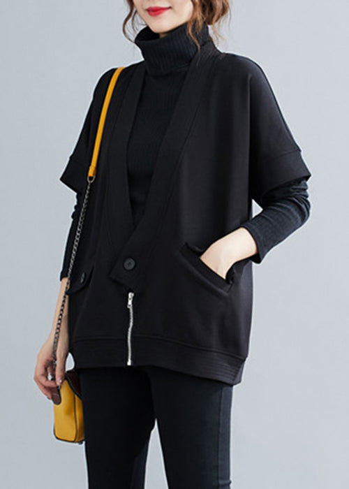 Black Pockets Patchwork Cotton Waistcoat V Neck Half Sleeve