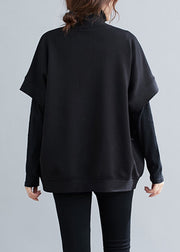 Black Pockets Patchwork Cotton Waistcoat V Neck Half Sleeve