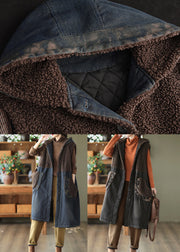 Black Pockets Patchwork Fine Cotton Filled Denim Vest Hooded Sleeveless