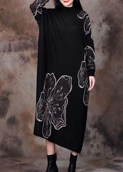 Black Pockets Patchwork Knitting Cotton Long Dress O Neck Long Sleeve