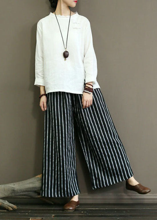 Black Pockets Patchwork Striped Linen Straight Pants Summer