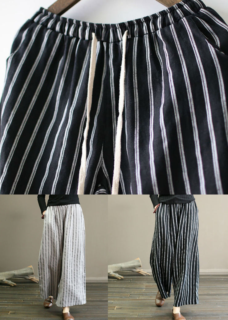Black Pockets Patchwork Striped Linen Straight Pants Summer