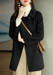 Black Pockets Patchwork Woolen Coat Double Breast Long Sleeve