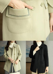 Black Pockets Patchwork Woolen Coat Double Breast Long Sleeve