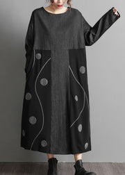 Black Pockets Patchwork denim Maxi Dresses Embroidered Spring
