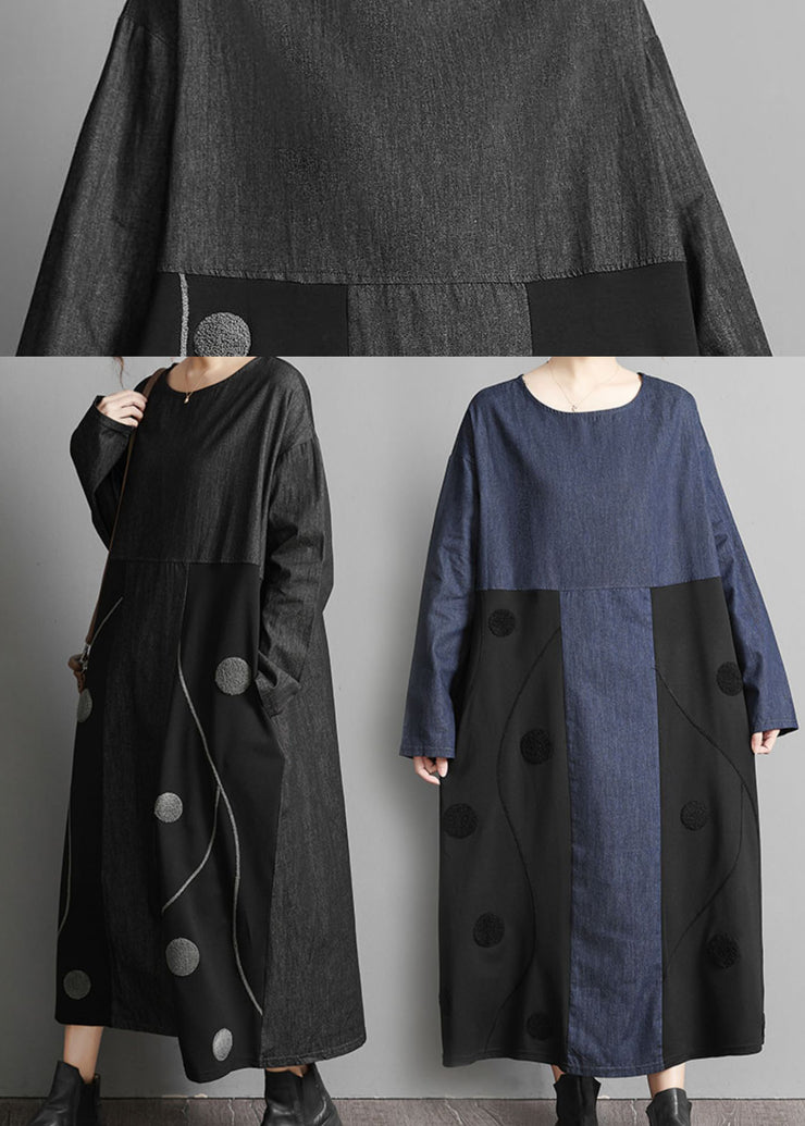 Black Pockets Patchwork denim Maxi Dresses Embroidered Spring