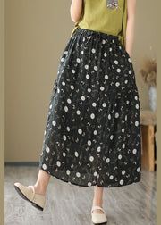 Black Pockets Print Patchwork Linen Skirt Wrinkled Summer