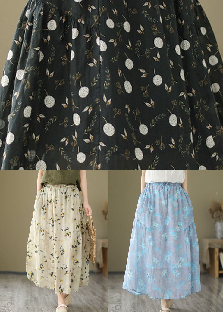 Black Pockets Print Patchwork Linen Skirt Wrinkled Summer