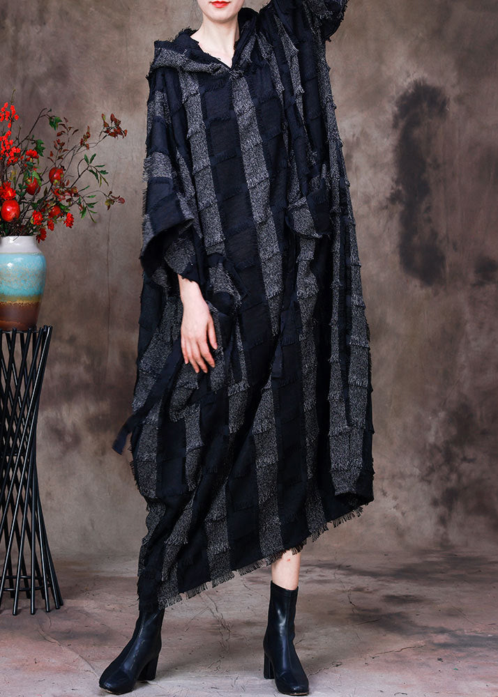 Black Pockets Silk Cotton Hooded Dresses Long Sleeve