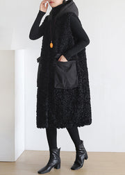 Black Pockets Thick Woolen Hooded Waistcoat Sleeveless