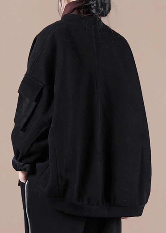 Black Pockets Warm Fleece Coats Stand Collar Batwing Sleeve