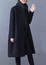 Black Pockets Woolen Coat Outwear O-Neck Button Winter