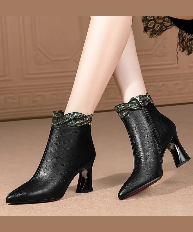 Black Pointed Toe Cowhide Leather Boots Chic Splicing Zircon