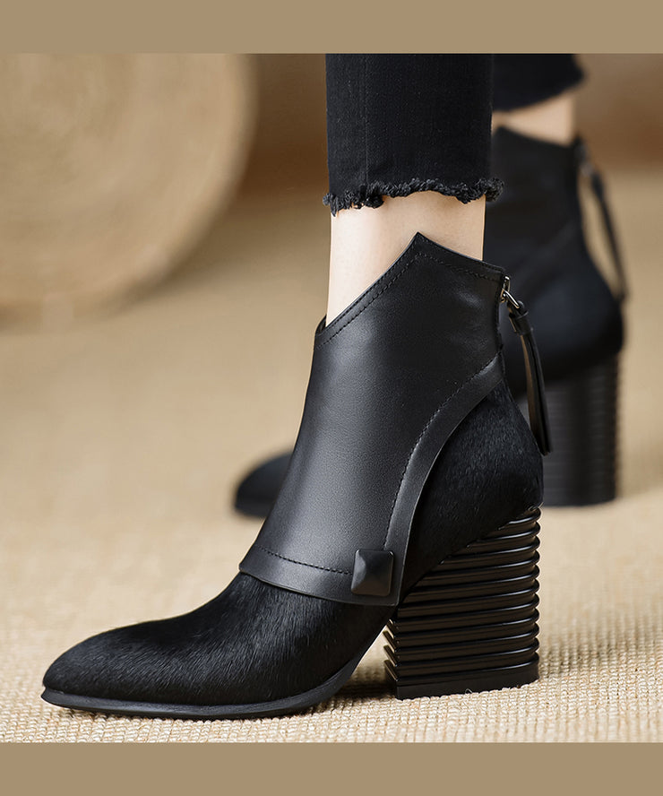 Black Pointed Toe Horsehair Short Boots Unique Splicing