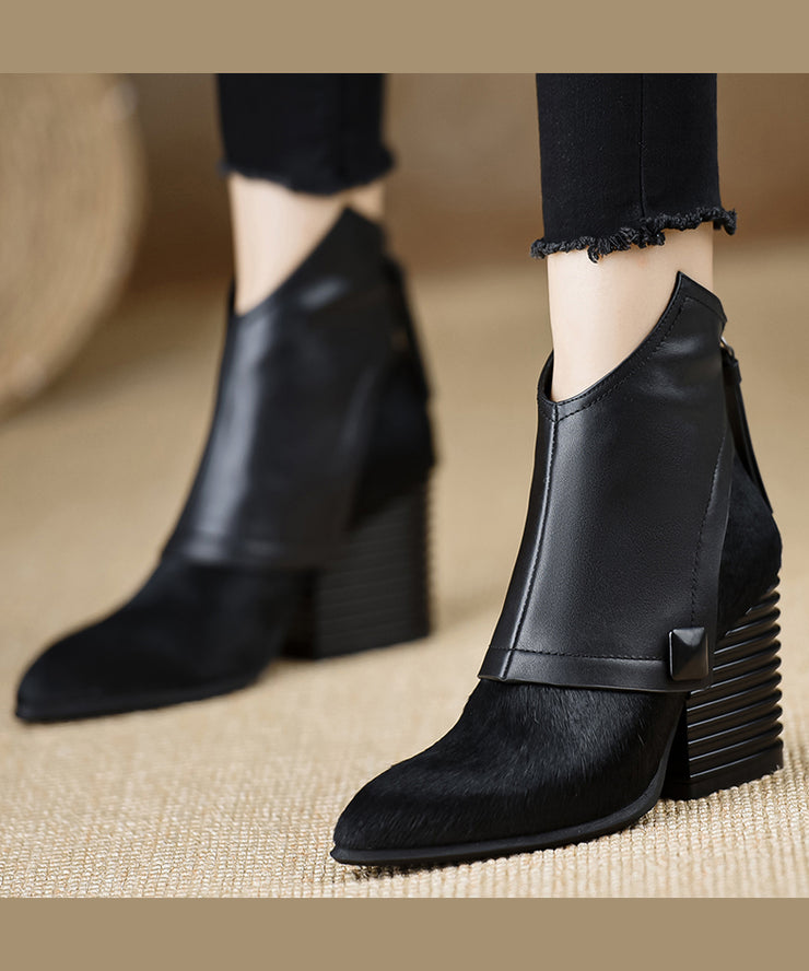 Black Pointed Toe Horsehair Short Boots Unique Splicing
