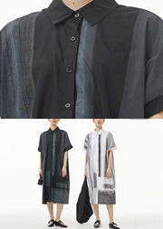 Black Print Button Cotton Long Shirt Dress Short Sleeve