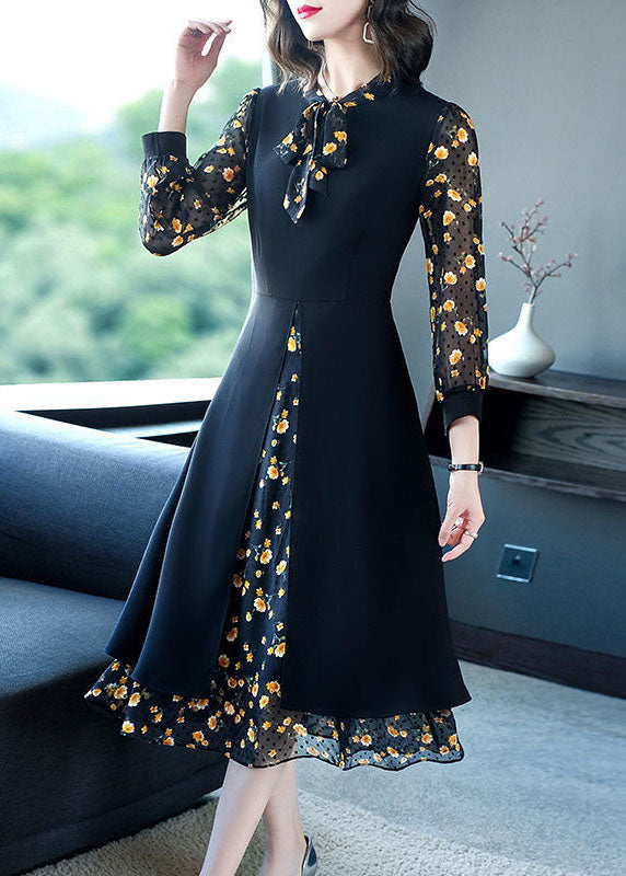 Black Print Chiffon Fake Two Piece Dress Lace Up Side Open Spring