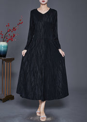 Black Print Cotton A Line Dress V Neck Silm Fit Spring
