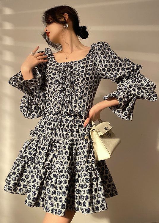 Black Print Cotton Pleated Dress Two Piece Set Women Clothing Lace Up Long Sleeve