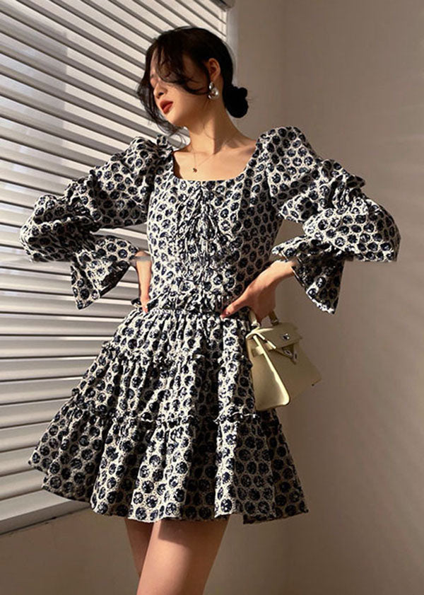 Black Print Cotton Pleated Dress Two Piece Set Women Clothing Lace Up Long Sleeve