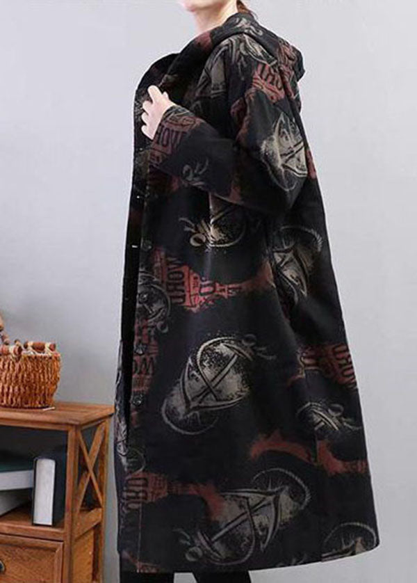 Black Print Fine Cotton Filled Coat Hooded Thick Winter