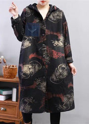 Black Print Fine Cotton Filled Coat Hooded Thick Winter