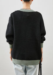 Black Print Knit Coat Outwear V Neck Winter