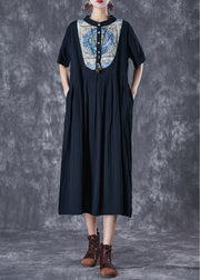 Black Print Linen Long Dresses Stand Collar Button Down Summer