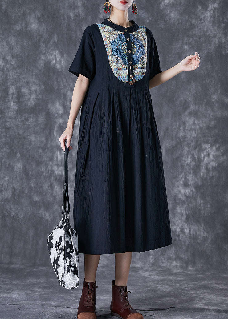 Black Print Linen Long Dresses Stand Collar Button Down Summer