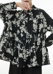 Black Print Patchwork Cotton Blouses Tops Oversized Wrinkled Spring