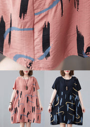 Black Print Patchwork Cotton Mid Dress Ruffled O Neck Summer