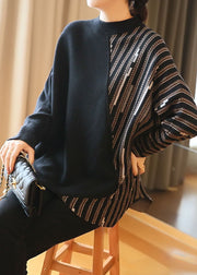Black Print Patchwork Knit Top Oversized Stand Collar Spring