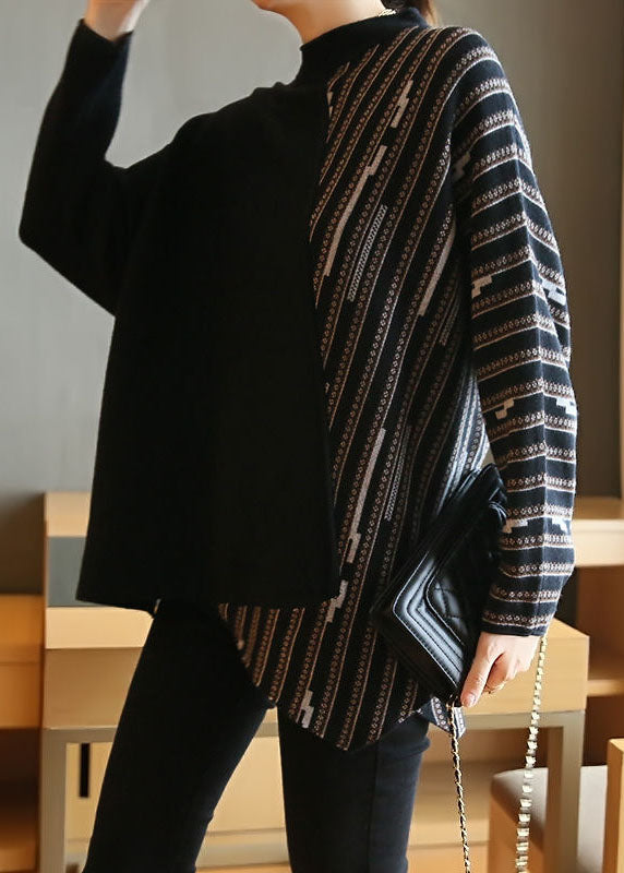 Black Print Patchwork Knit Top Oversized Stand Collar Spring