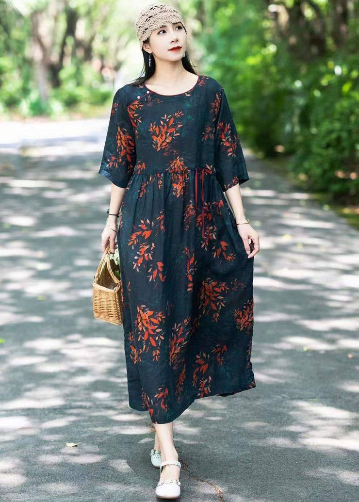 Black Print Patchwork Linen Long Dresses O Neck Drawstring Summer