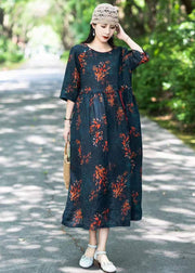 Black Print Patchwork Linen Long Dresses O Neck Drawstring Summer
