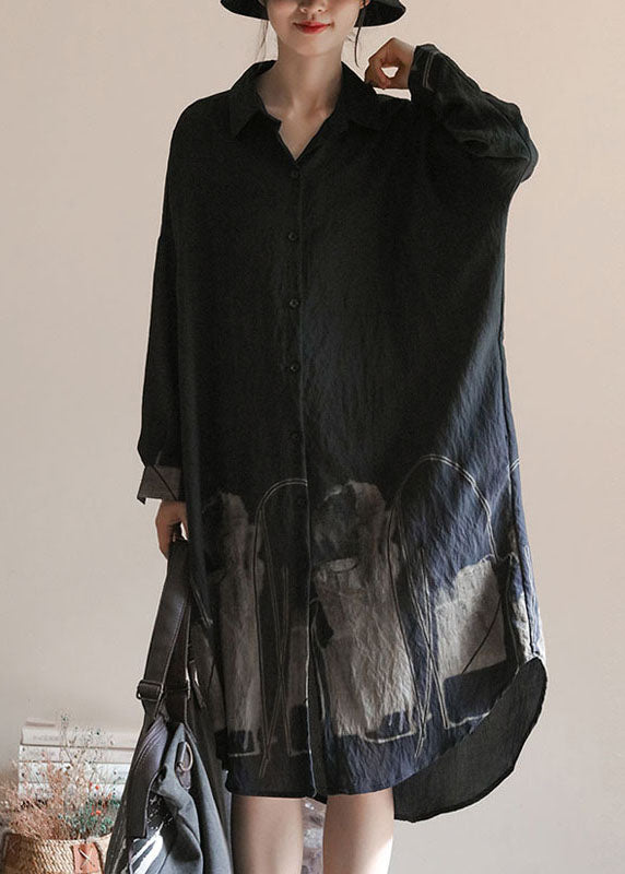 Black Print Patchwork Linen Shirts Dress Peter Pan Collar Spring