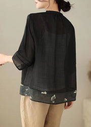 Black Print Patchwork Linen Top Stand Collar Wrinkled Button Summer