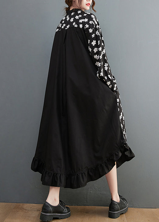 Black Print Patchwork Loose Shirt Dress Ruffles Long Sleeve