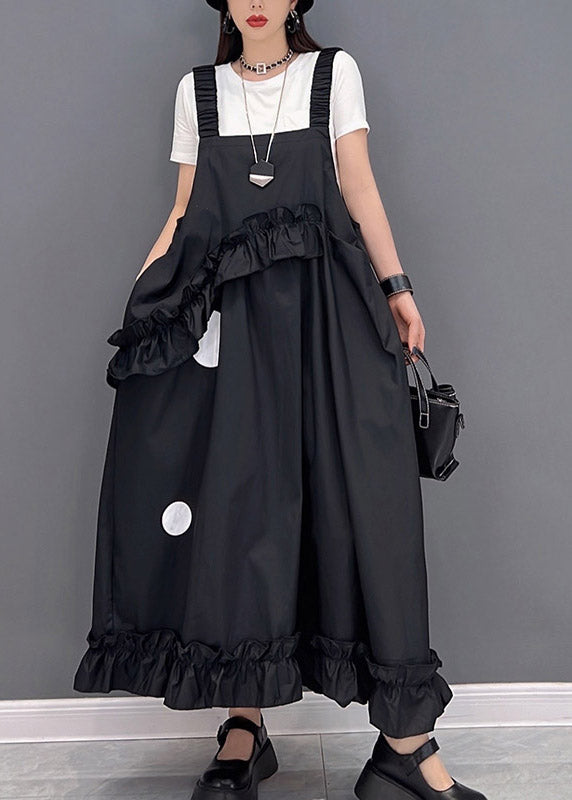 Schwarzes Patchwork-Rüschen-langes Kleid mit Ärmeln
