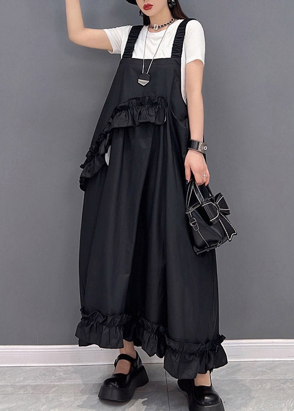 Schwarzes Patchwork-Rüschen-langes Kleid mit Ärmeln