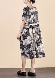 Black Print Patchwork Silk Mid Dress O Neck Wrinkled Summer