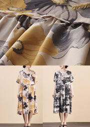 Black Print Patchwork Silk Mid Dress O Neck Wrinkled Summer