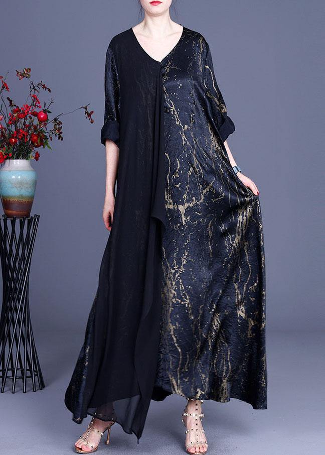 Black Print Patchwork Summer Silk Dress - SooLinen
