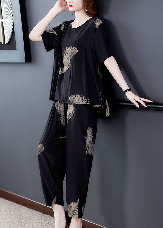Black Print Patchwork Tops And Pants Cotton Two Pieces Set O-Neck Summer