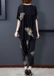 Black Print Patchwork Tops And Pants Cotton Two Pieces Set O-Neck Summer