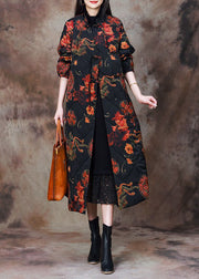 Black Print Pockets Cotton Filled Long Coats Stand Collar Spring