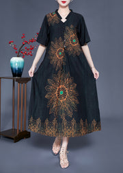 Black Print Silk Long Dress Oversized Pocket Summer