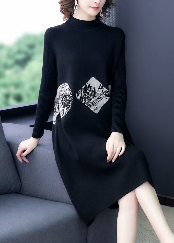 Schwarzer, warmer Kaschmir-Pullover mit Stehkragen und langen Ärmeln