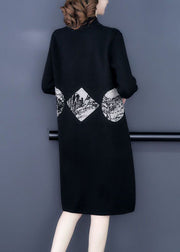 Black Print Warm Cashmere Sweater Dress Stand Collar Long Sleeve